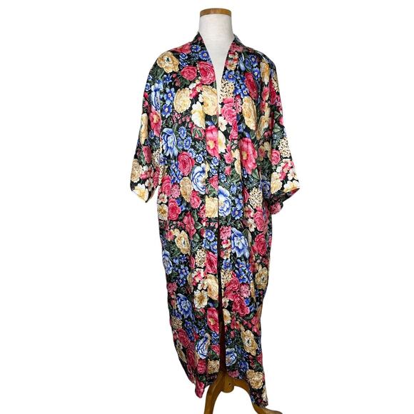 Vintage Other - Vintage 80s Floral Satin Kimono Long Robe Lingerie Beaux Reves OS One Size